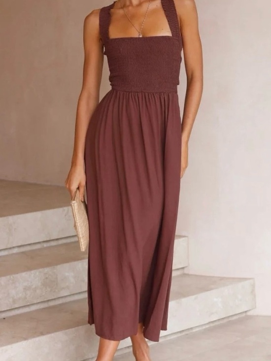 laursen-boutique Dresses & Skirts - Smocked Square-Neck Maxi Dress in Chocolate Brown